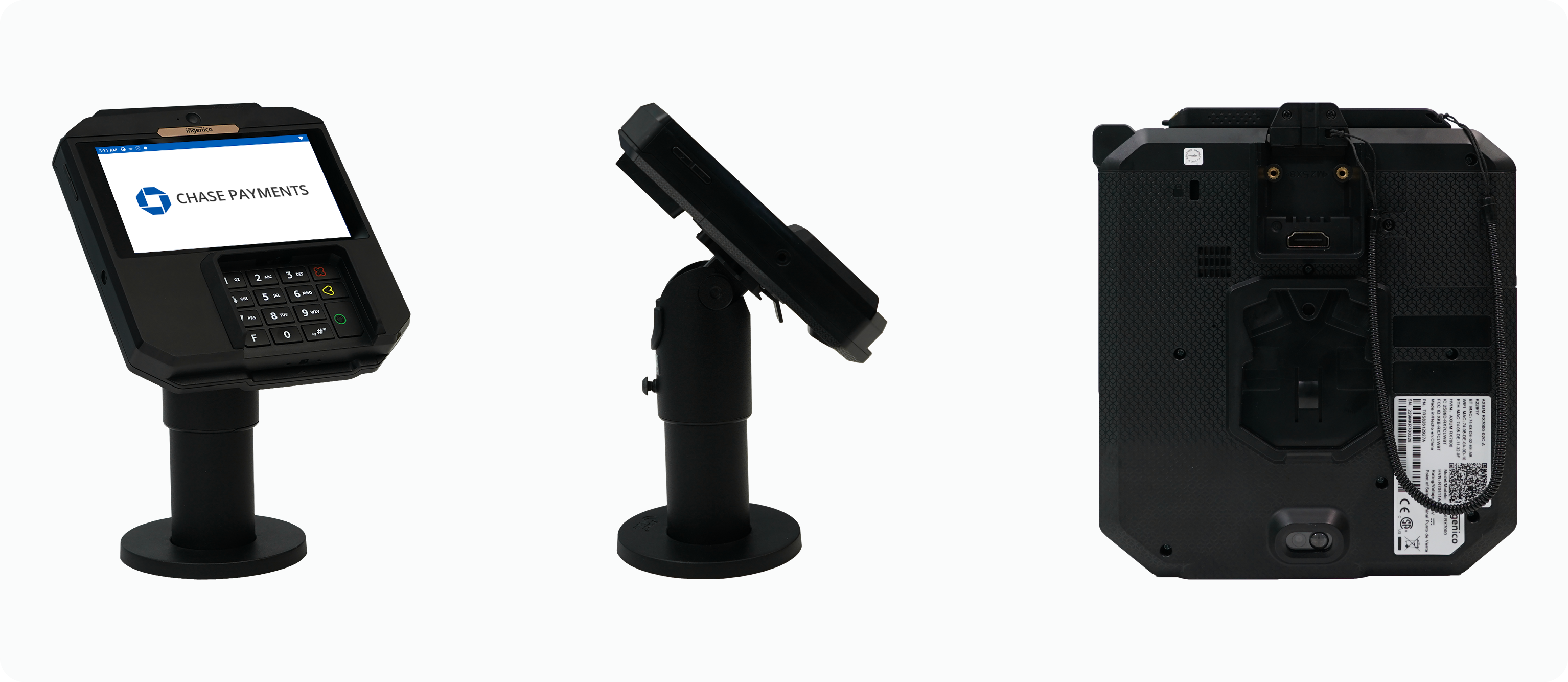 3 images in horizontal layout showing the Ingenico AXIUM RX7000 terminal on a stand at a 45 degree angle, the profile view, and, without the stand, the back of the device.