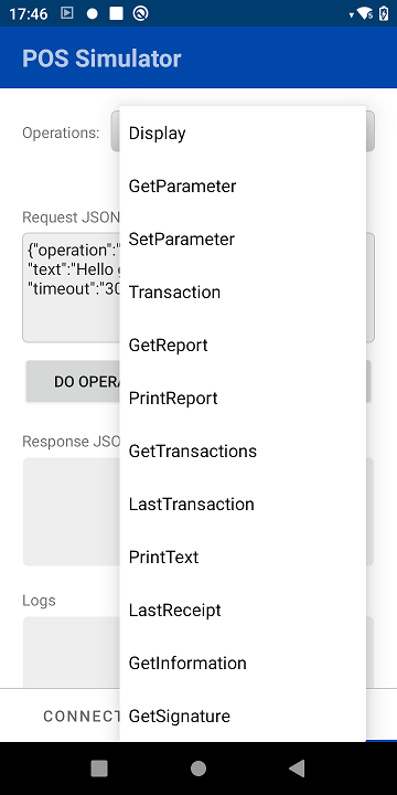 JSON screen of the POS Simulator