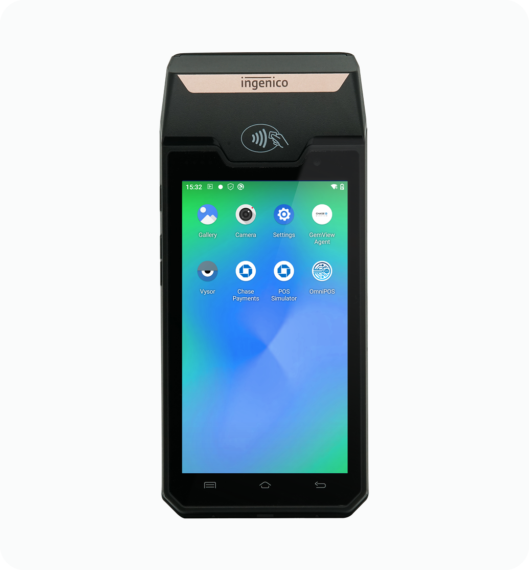 Front view of Ingenico AXIUM DX4000 terminal displaying Chase Payments home screen