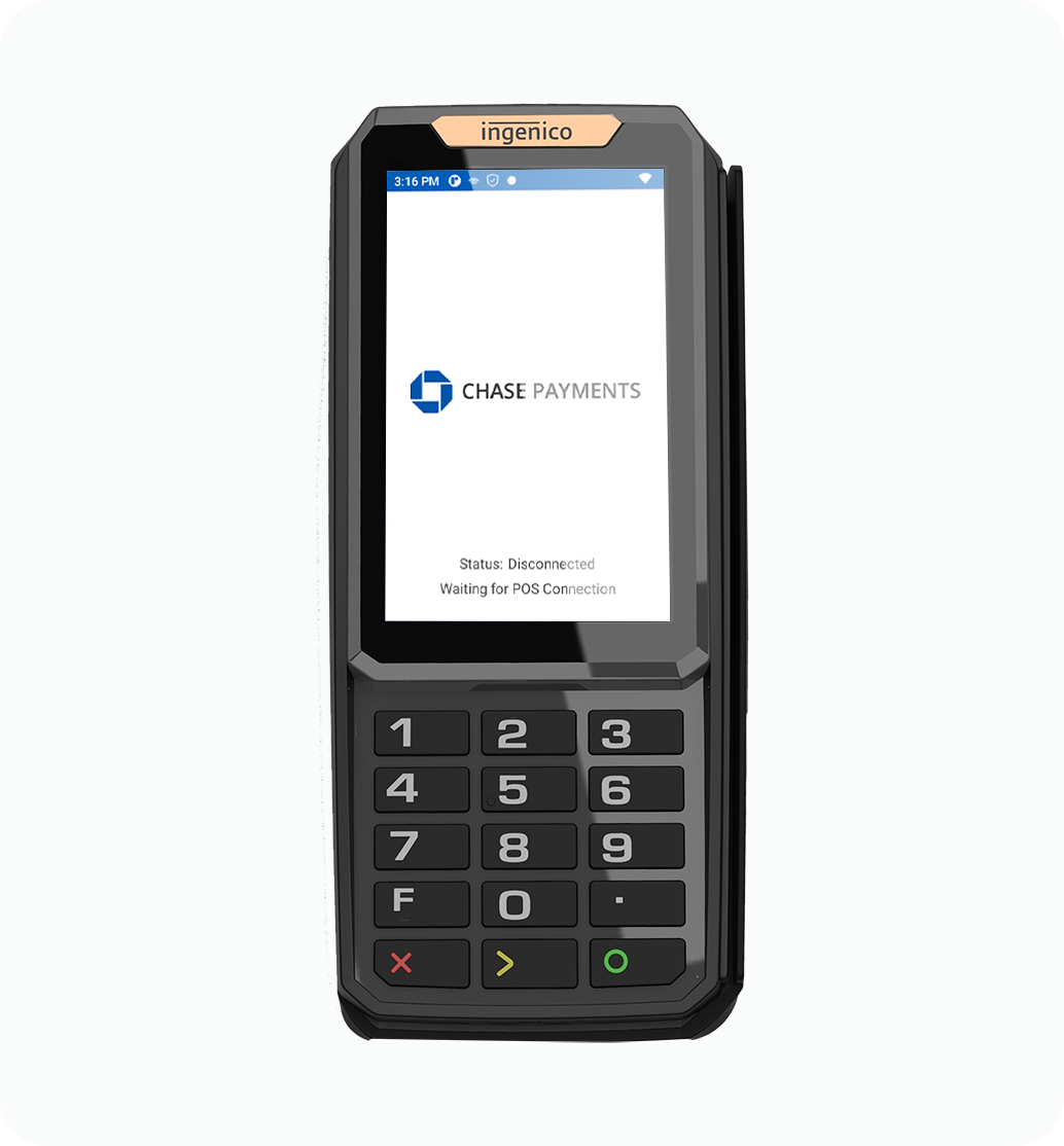 Front view of Ingenico AXIUM RX5000 terminal displaying Chase Payments home screen