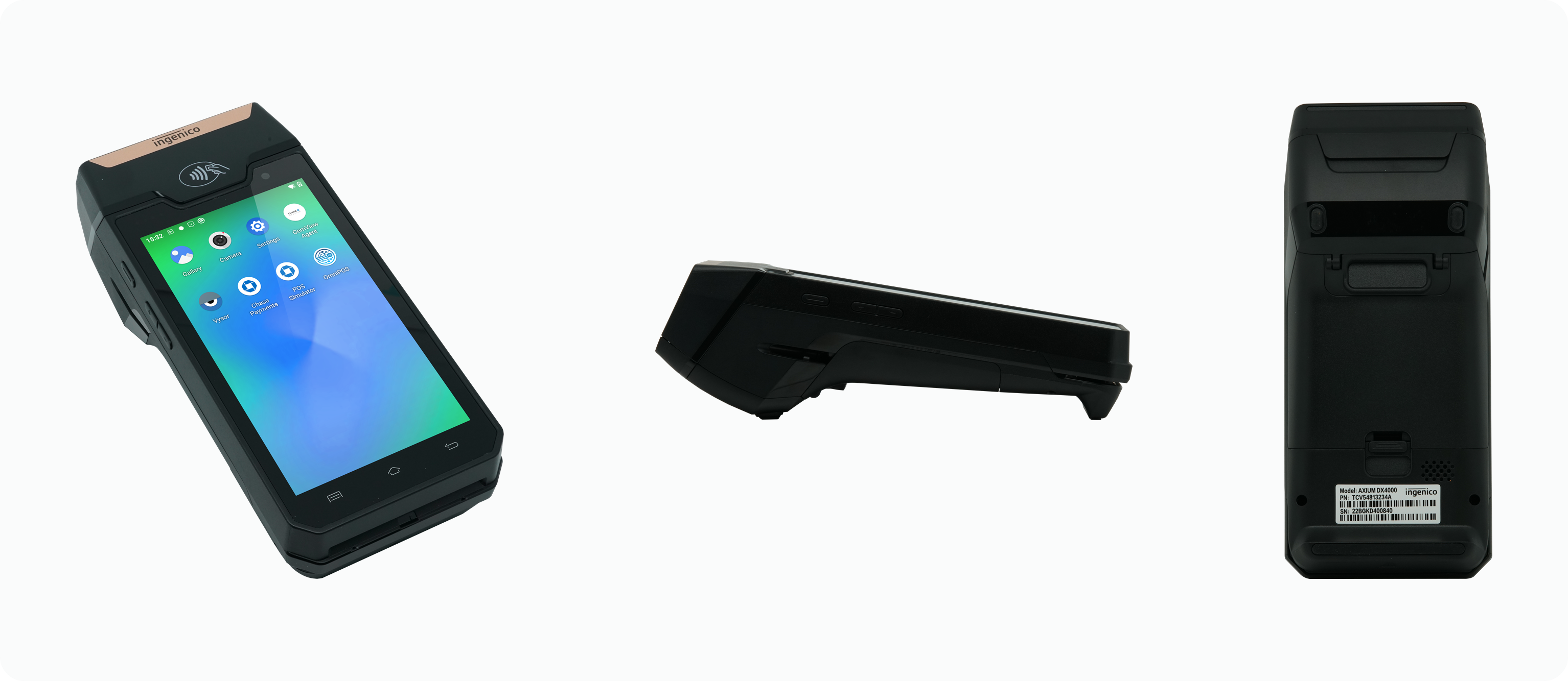 3 images in horizontal layout showing the Ingenico AXIUM DX4000 terminal at a 45 degree angle, the profile view, and the back of the device.