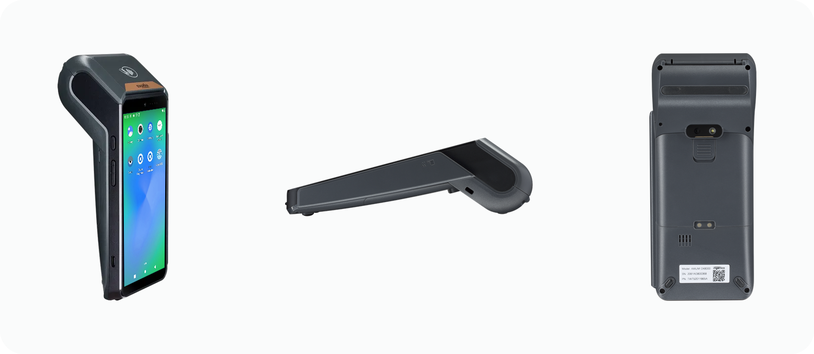 3 images in horizontal layout showing the Ingenico AXIUM DX8000 terminal at a 45 degree angle, the profile view, and the back of the device.