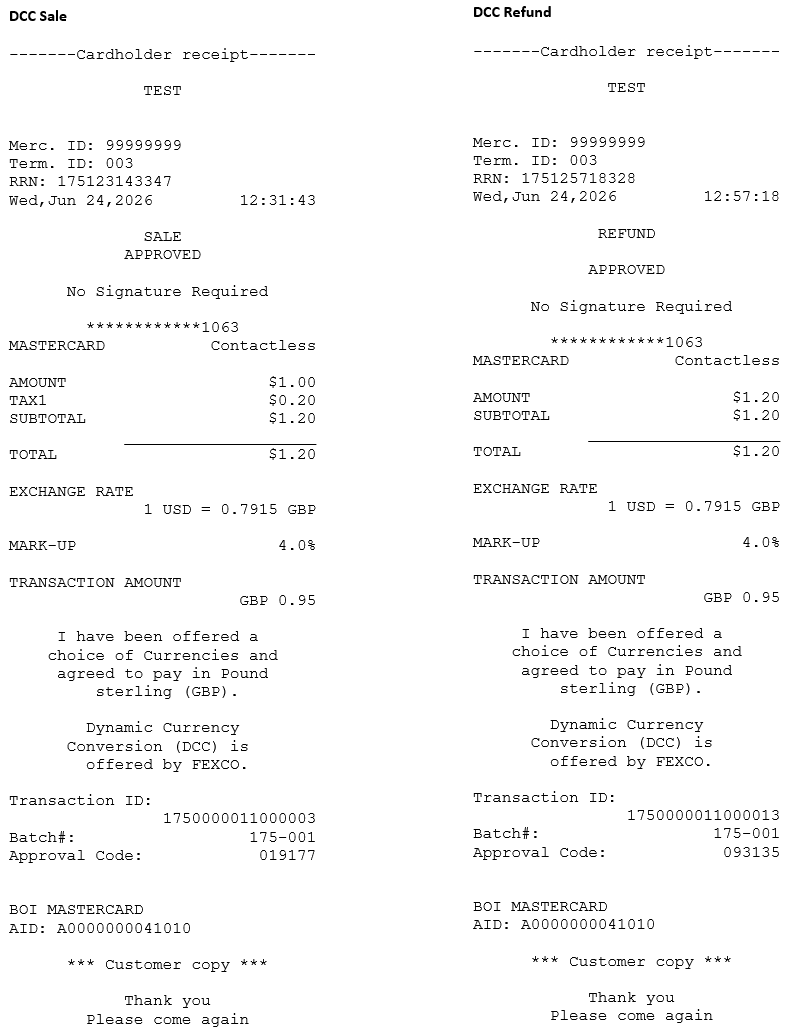 Two sample credit card transaction receipts display required fields for sale with DCC and refund with DCC.