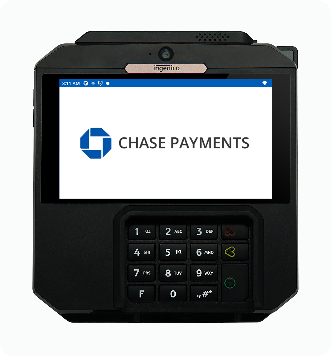 Front view of Ingenico AXIUM RX7000 terminal displaying Chase Payments home screen