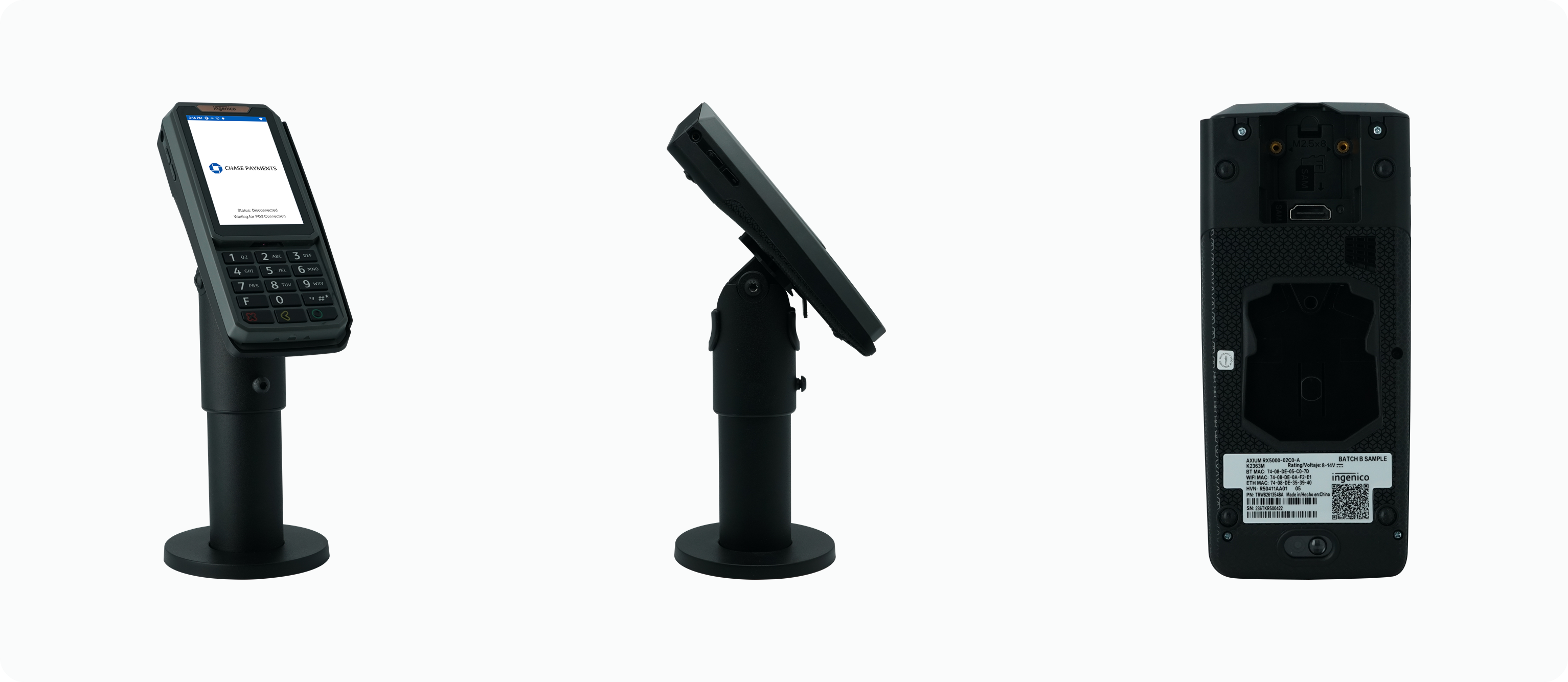 3 images in horizontal layout showing the Ingenico AXIUM RX5000 terminal on a stand at a 45 degree angle, the profile view, and, without the stand, the back of the device.