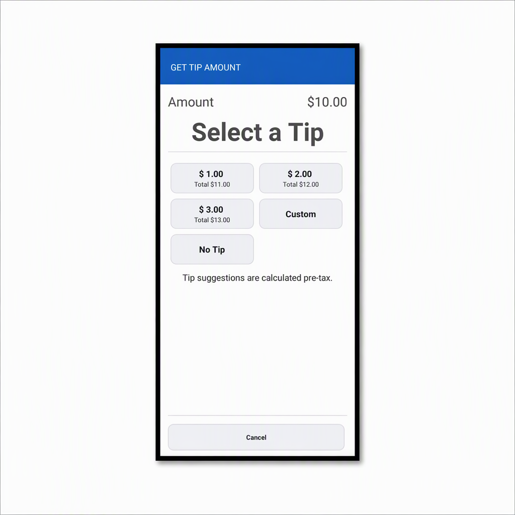 Get tip amount screen on a mobile phone showing suggested tip amounts