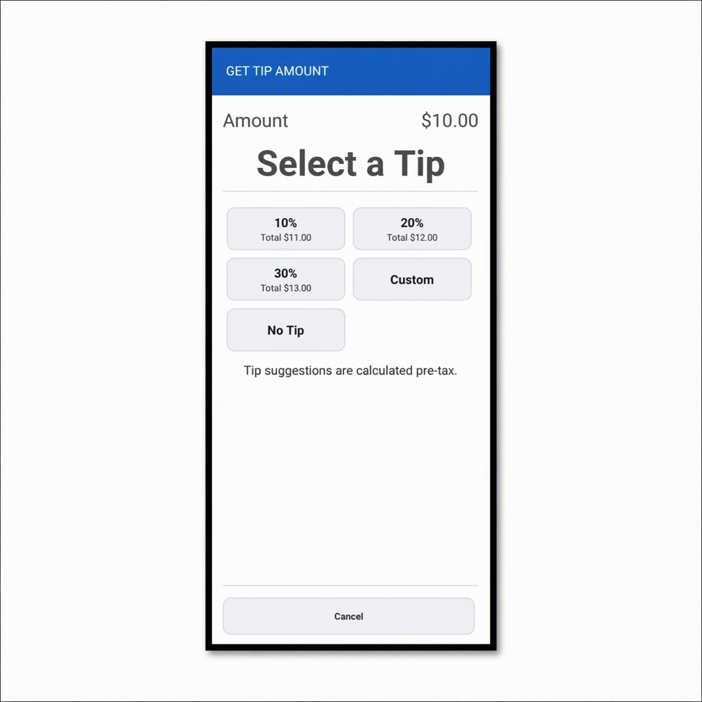 Get tip amount screen on a mobile phone with tip suggestions calculated