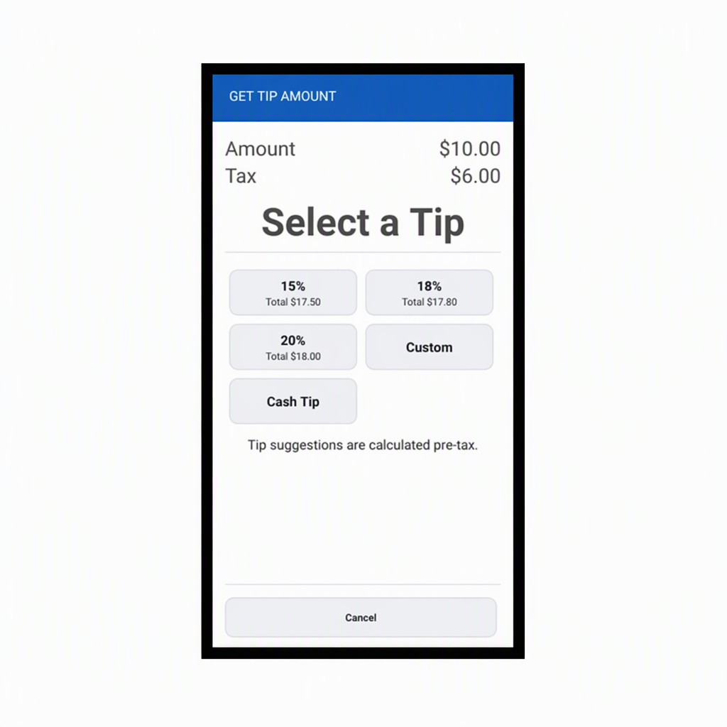 Get tip amount screen on mobile phone with suggested tip amounts
