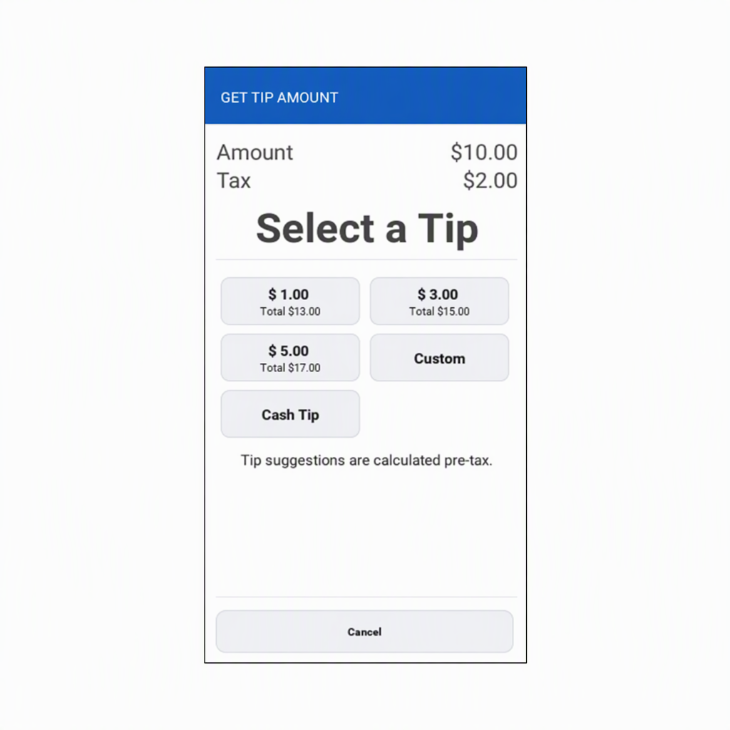 Ge tip amount screen on a mobile phone with suggested tip amounts