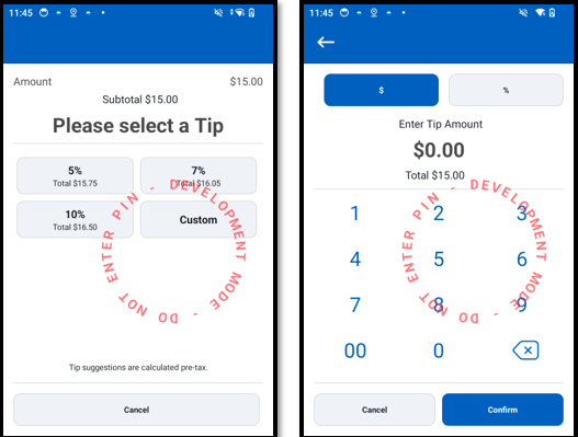 Side-by-side examples of the tip prompt screen on a mobile phone