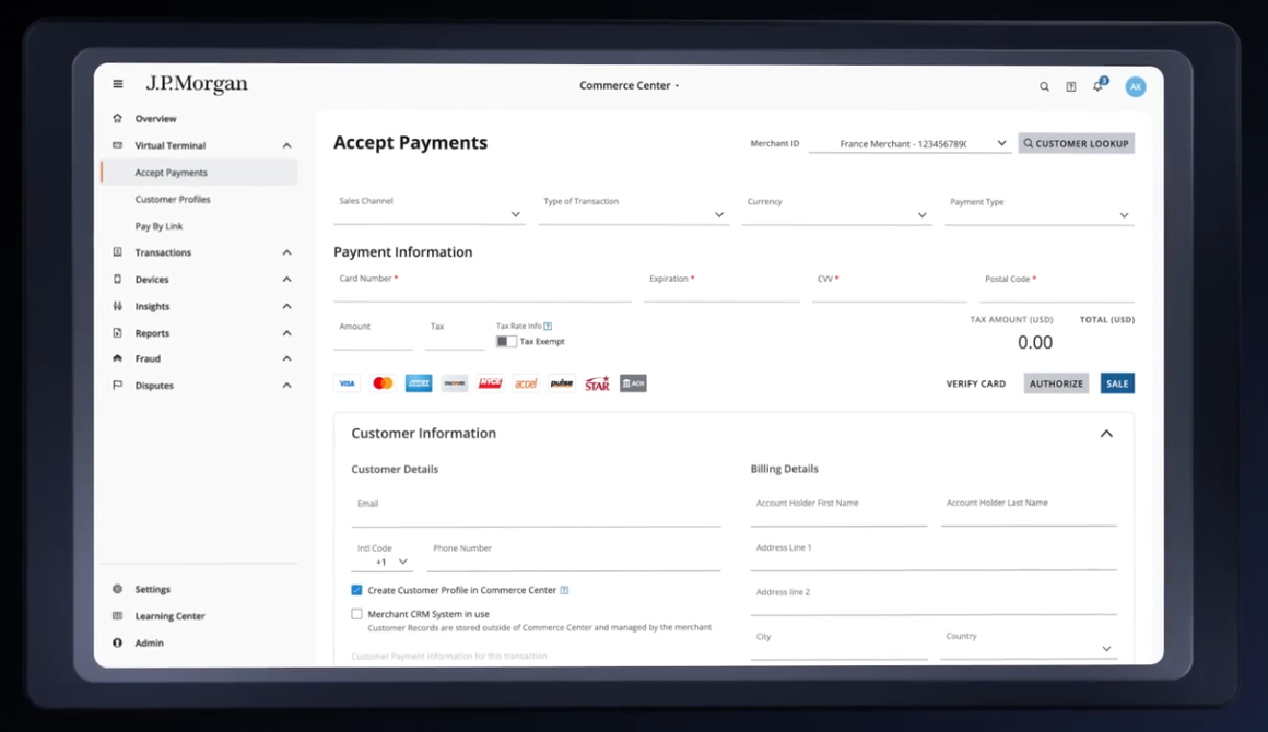 Screenshot of the accept payment user interface of Commerce Center