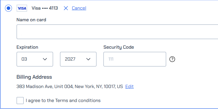 Consumer edits the saved payment method information by clicking on the Edit link displayed with the saved payment method.