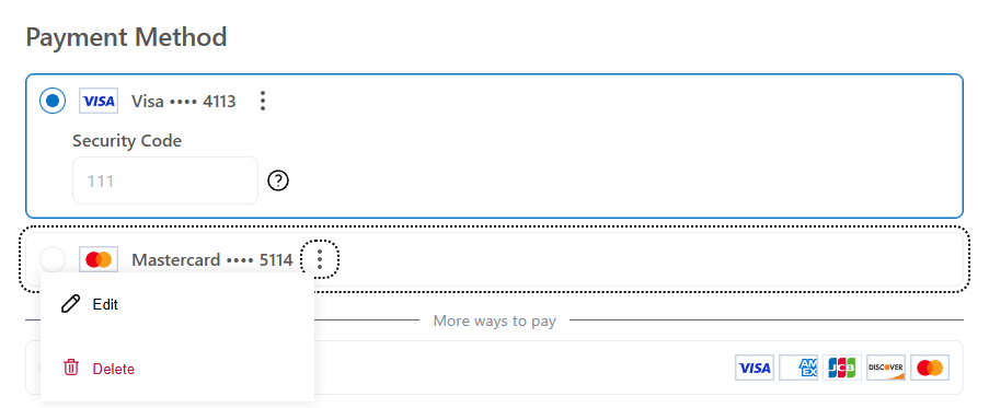 Consumer deletes the the saved payment method. This will delete the payment method from the consumer profile.