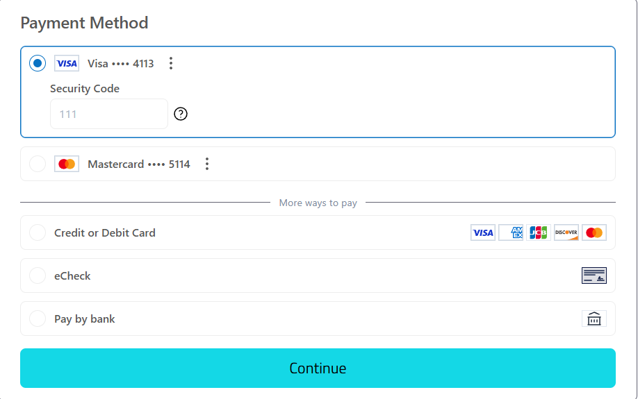 Consumer can pay with any other supported method of payment which is available under the More ways to pay option.